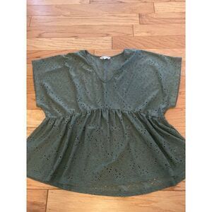 Nanette Lepore, women's green v-neck, eyelet cap sleeve cinched waist blouse Lrg